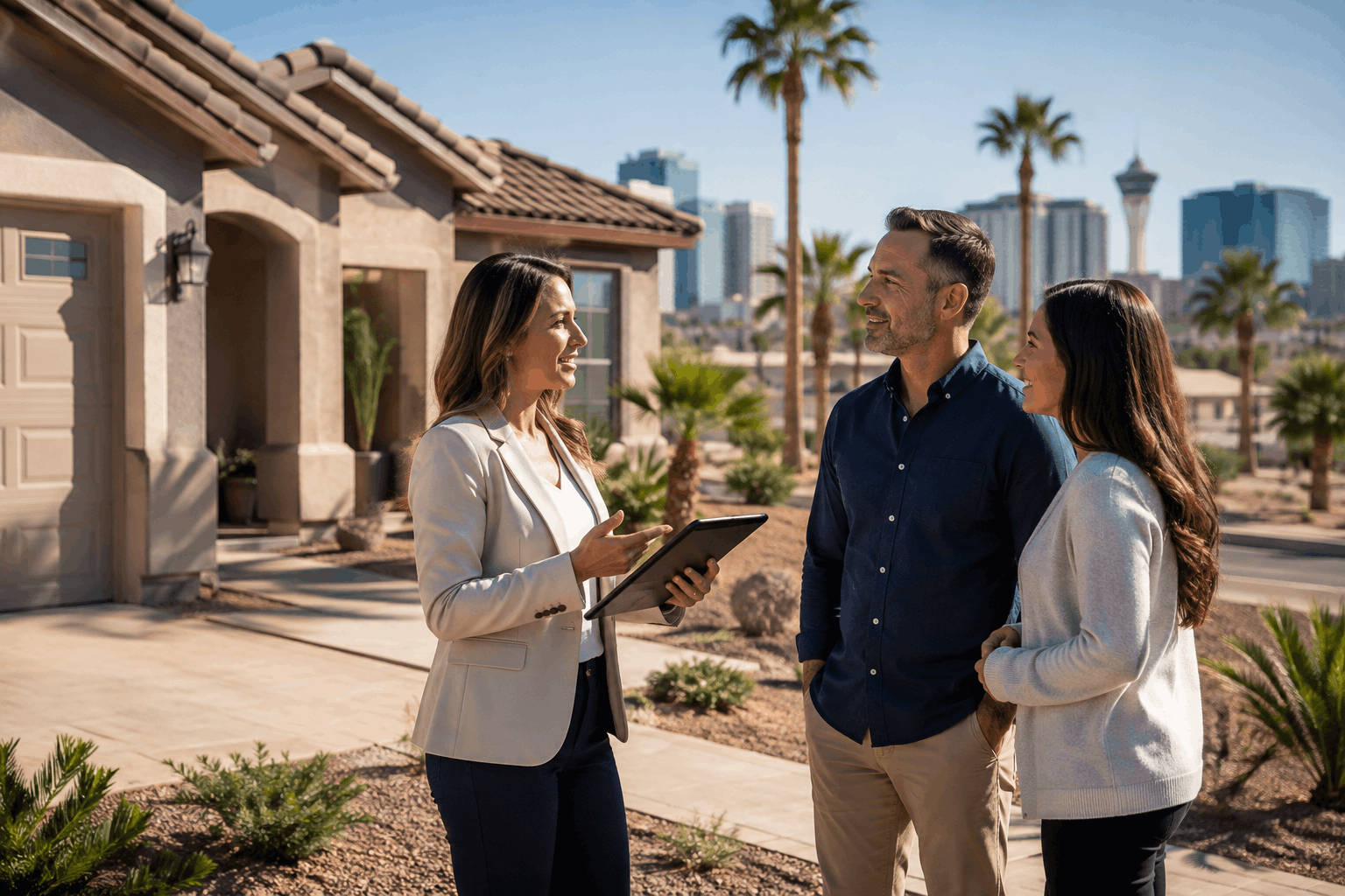 Las Vegas real estate agent showing home with Strip skyline to couple outdoors