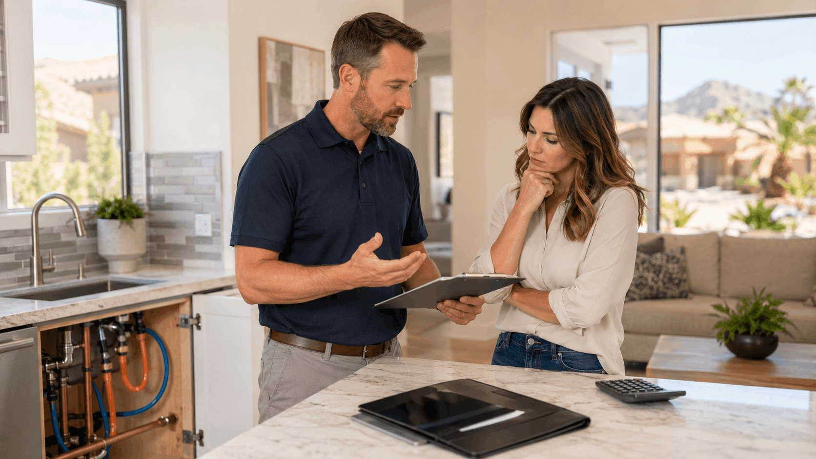Plumber showing Las Vegas homeowner Kitec plumbing estimate on clipboard in kitchen