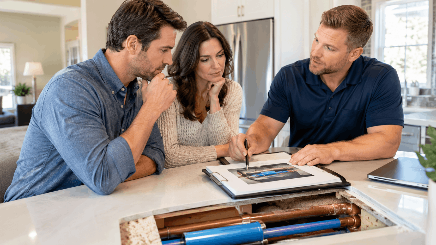 Plumber explaining pipe repair options to homeowners at kitchen counter in Las Vegas