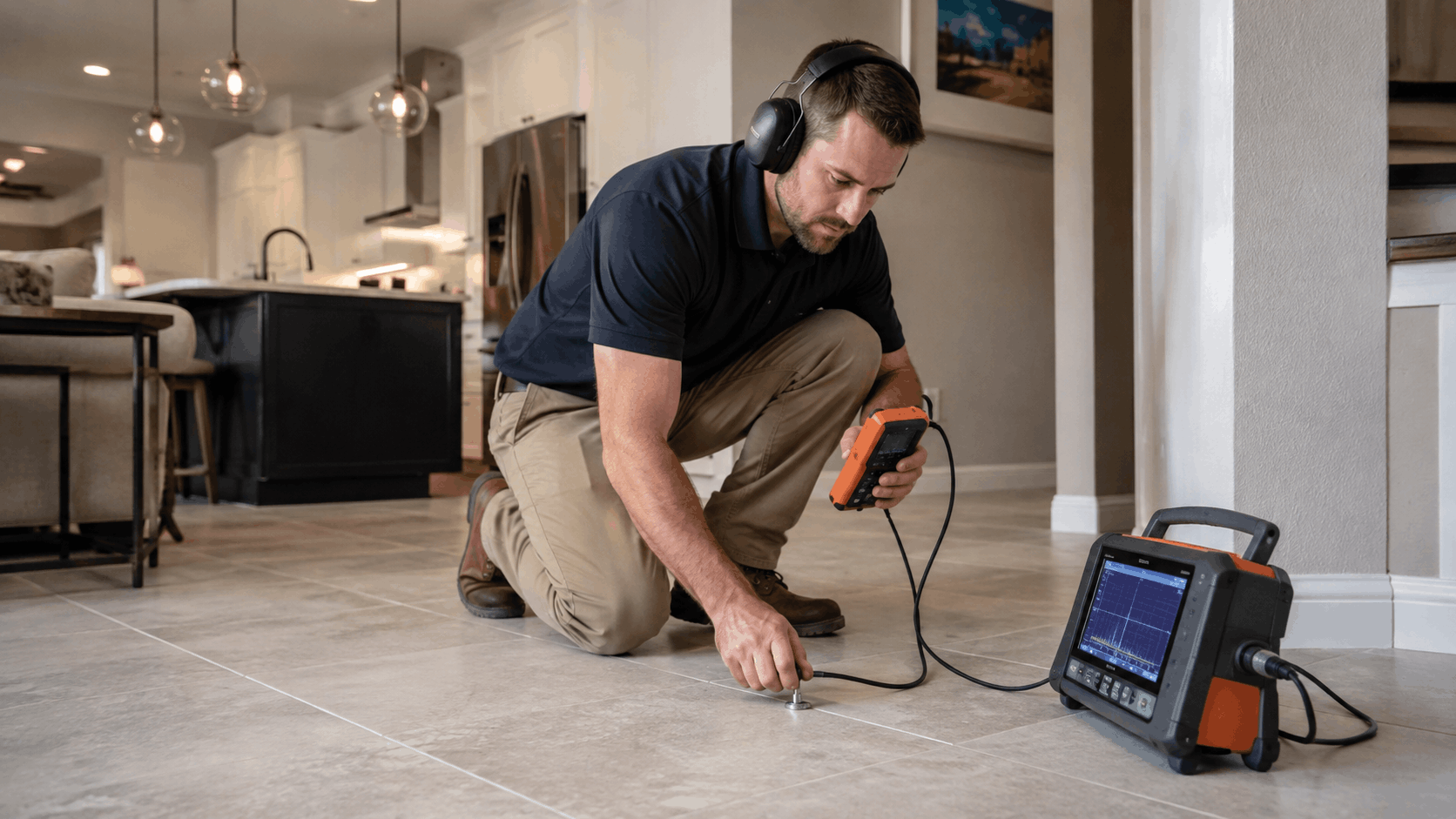 Plumber using acoustic leak detection equipment to locate slab leak on tile floor