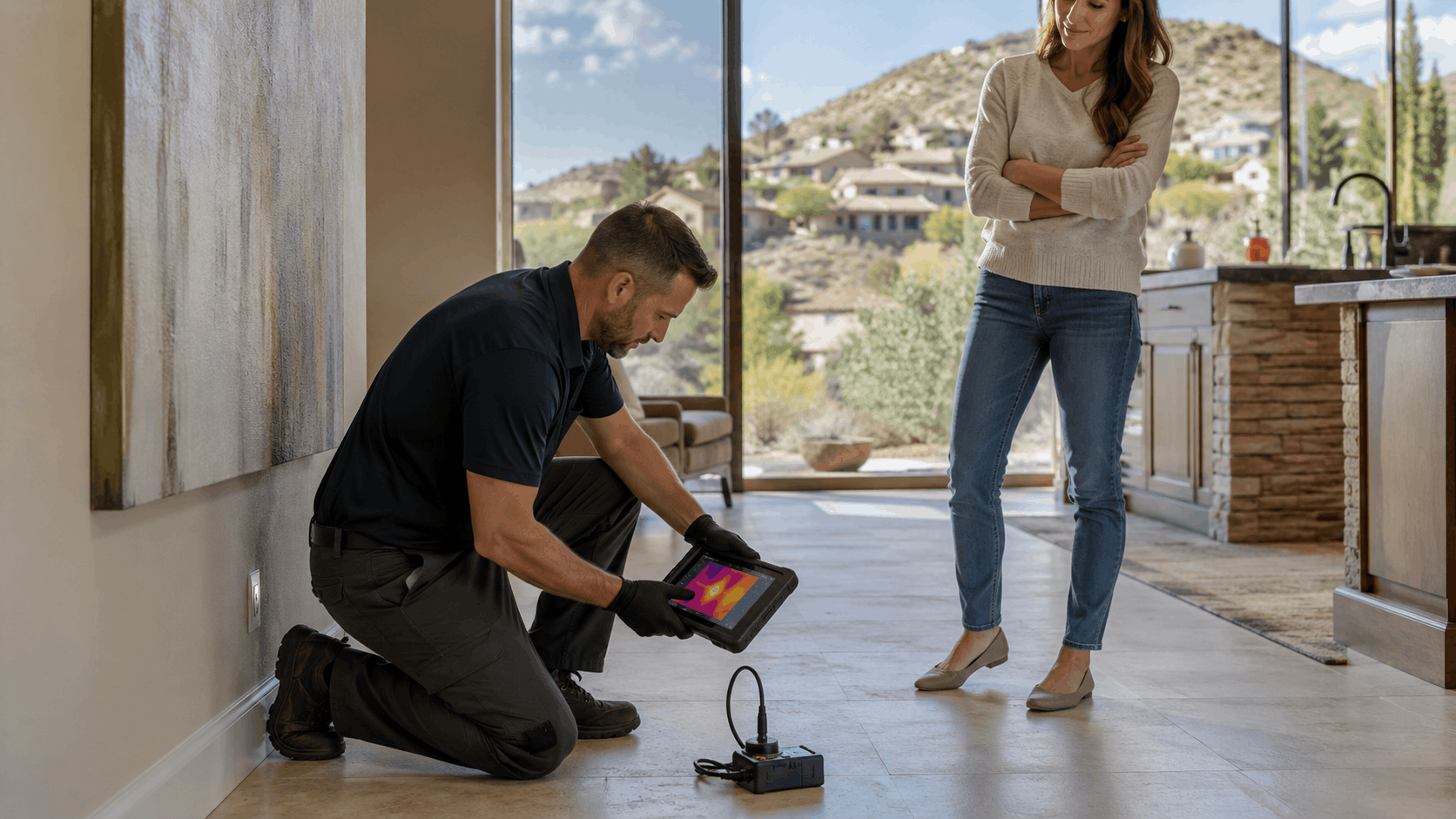 Plumber using thermal imaging tablet to inspect hot-water pipe leak on floor