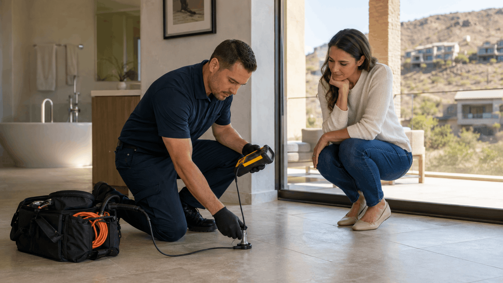 Plumber using electronic slab leak detection equipment on tile floor with homeowner watching