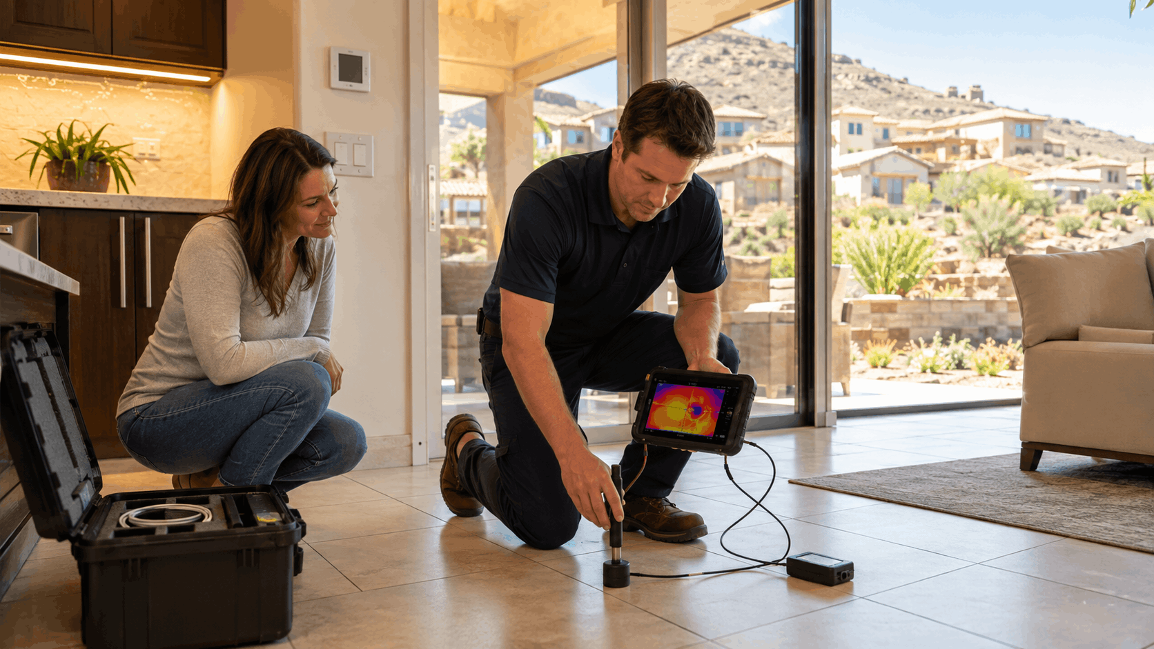 Plumber using thermal imaging camera to detect pipe leaks on Las Vegas home floor