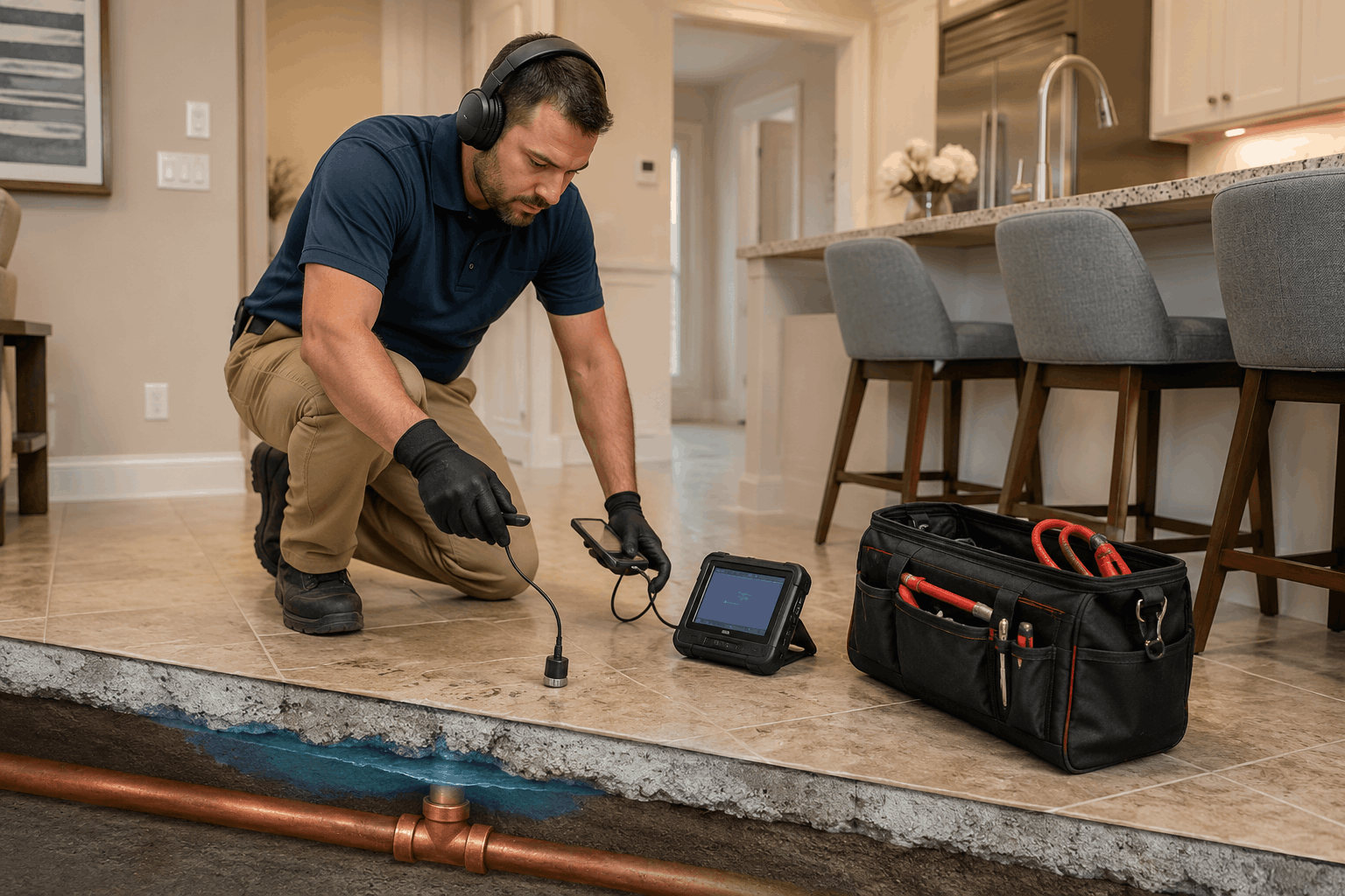 Plumber using acoustic leak detection equipment to locate underground pipe leak in Las Vegas home