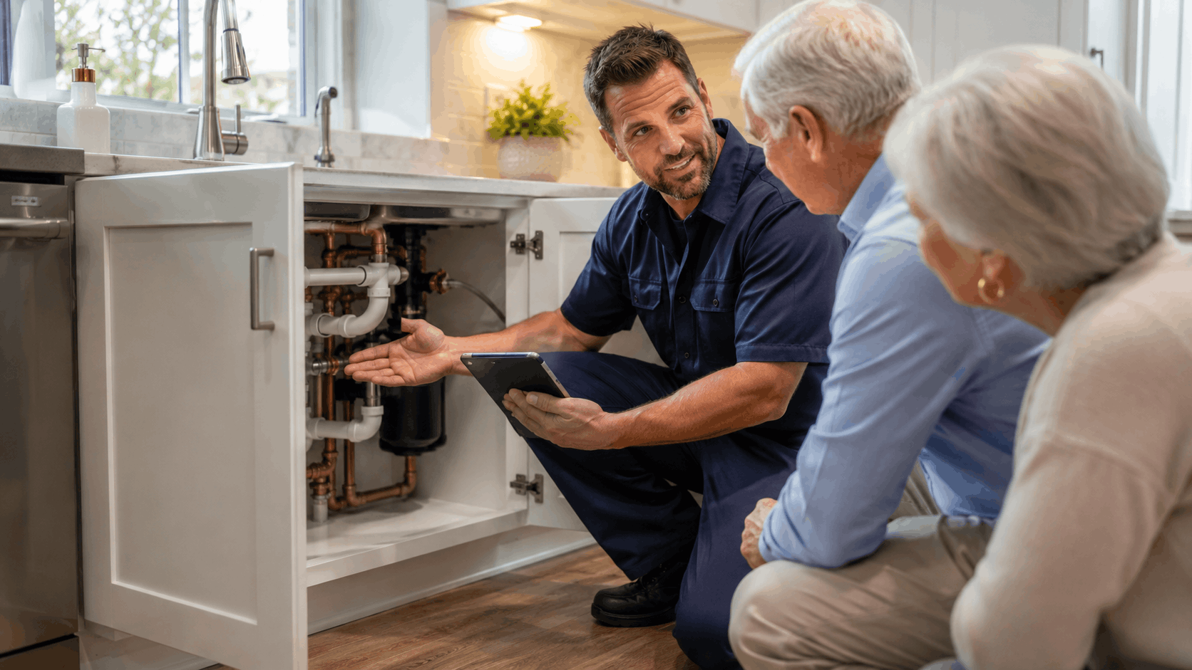 Plumber showing copper pipe repiping work under kitchen sink to senior homeowners