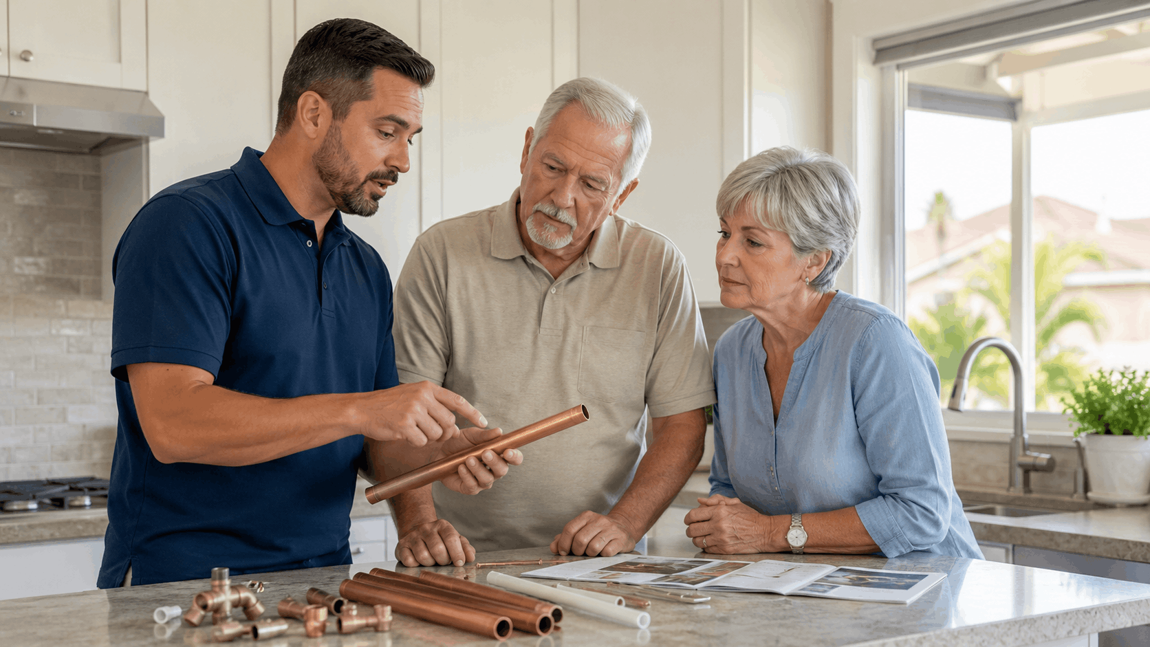Plumber showing copper pipe fixtures to senior couple in modern Las Vegas kitchen