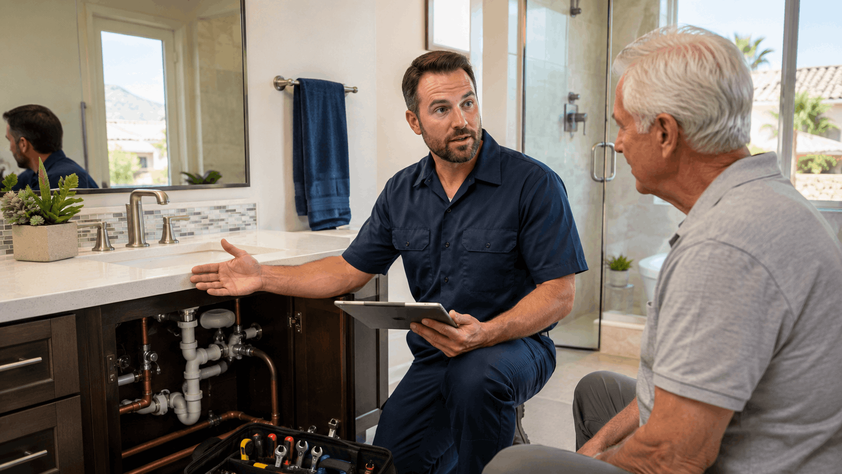 Plumber consulting senior homeowner about bathroom sink plumbing pipes in Las Vegas home