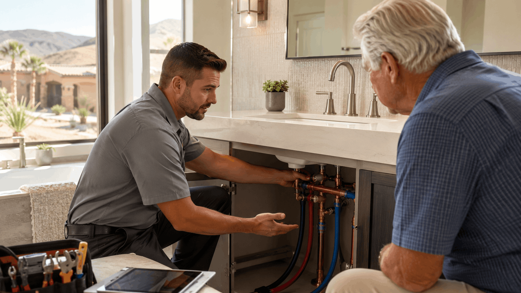 Active Plumbing technician explaining copper pipe work under bathroom sink to homeowner