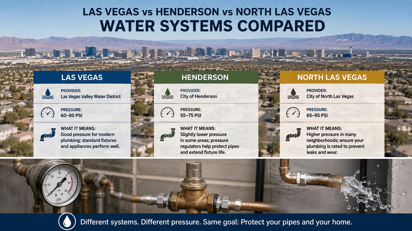 Infographic comparing water pressure PSI and providers for Las Vegas, Henderson, and North Las Vegas plumbing systems