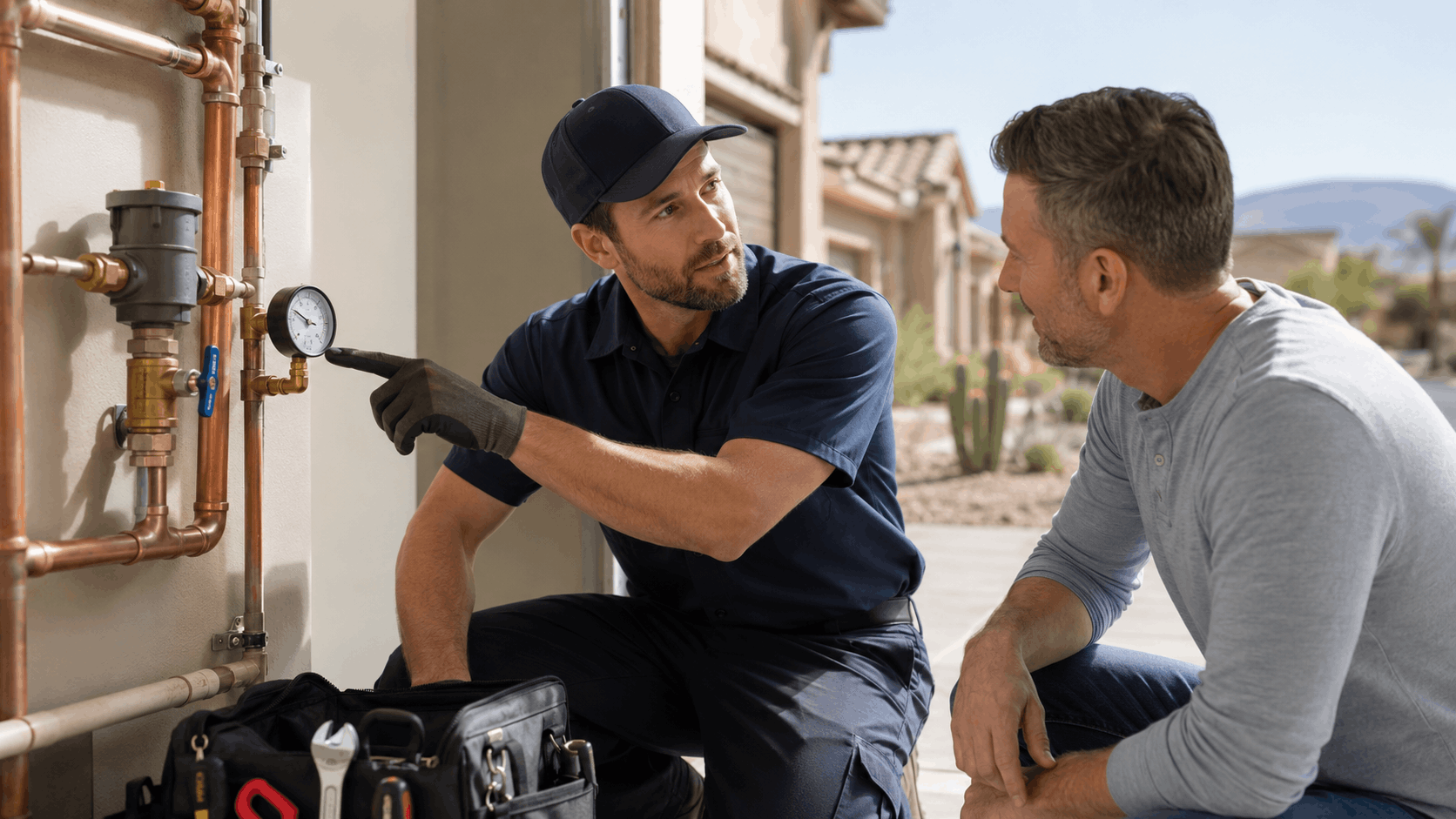 Plumber showing homeowner copper pipe pressure gauge at Las Vegas residential property