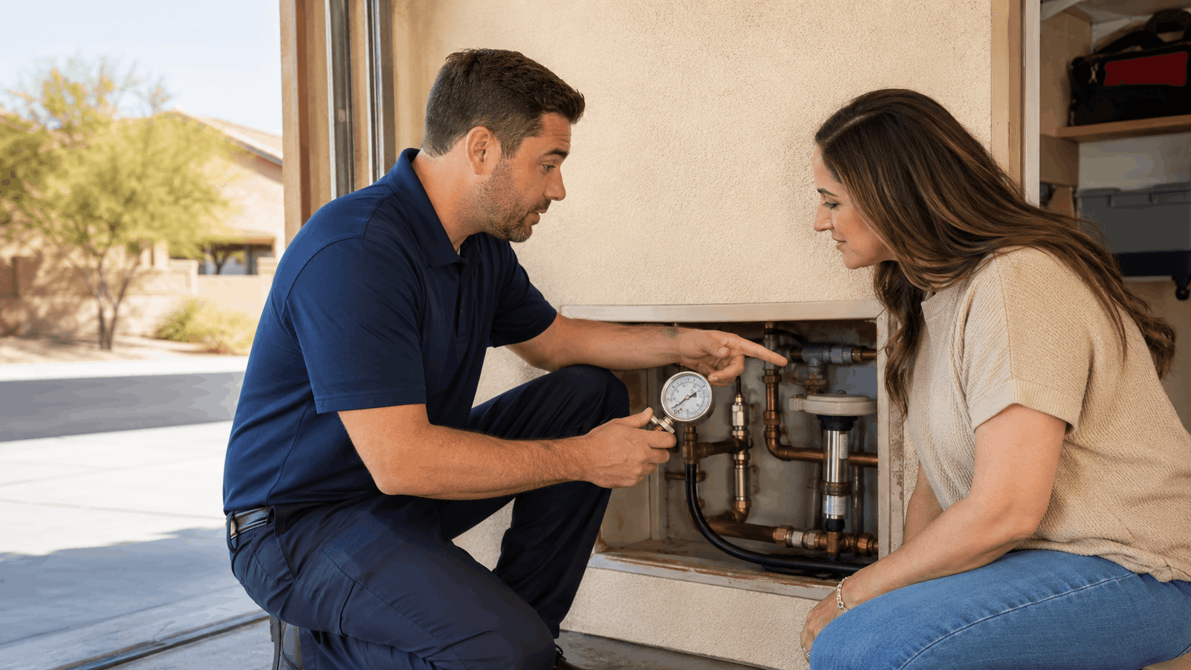 Plumber showing homeowner water pressure regulator gauge on Las Vegas home plumbing system
