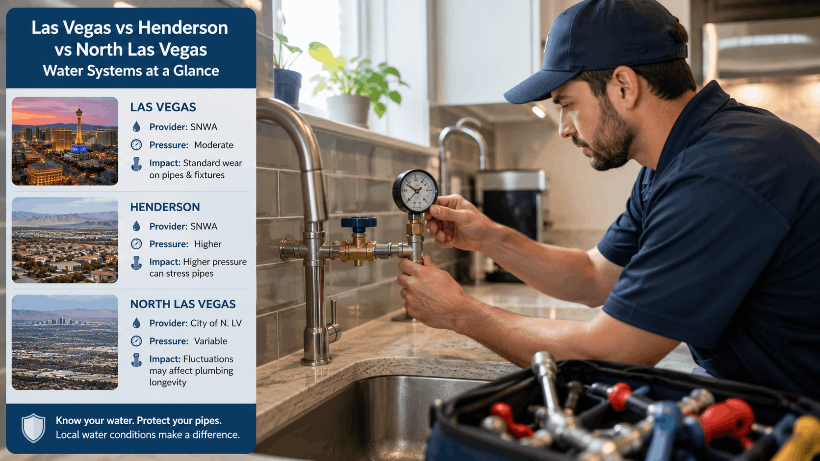 Plumber checking water pressure gauge at kitchen sink in Las Vegas home