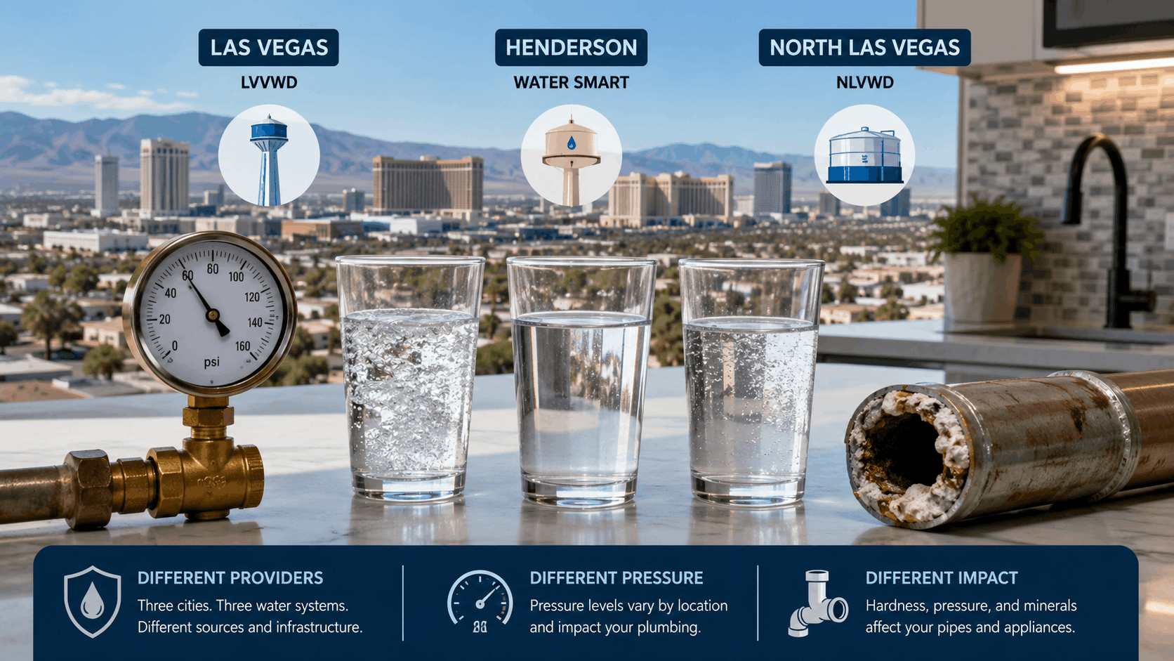 Three Las Vegas water provider logos above glasses of water, pressure gauge, and mineral-scaled pipe
