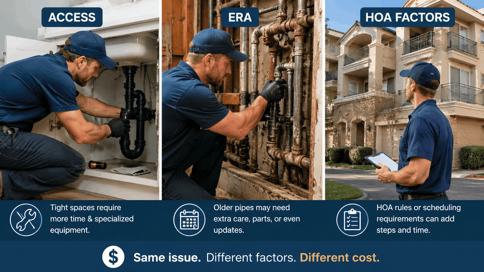 Plumber working on old rusty pipes, under sink, and outside HOA building