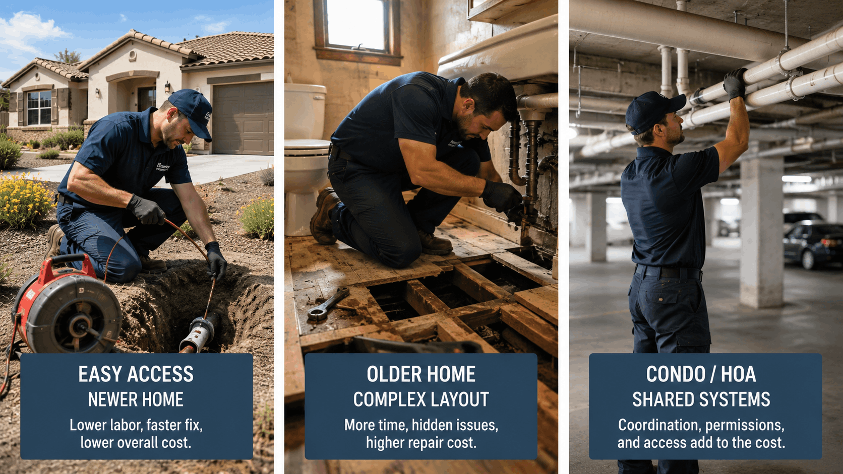 Plumbers working on drain cleaning jobs at newer home, older home, and condo in Las Vegas