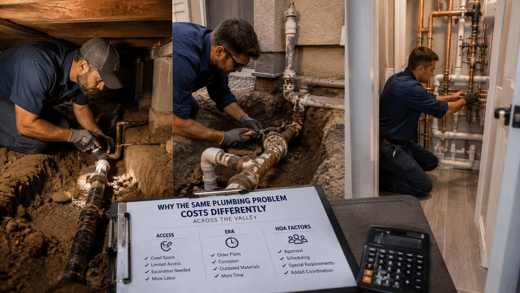 Plumbers working on pipes in crawl space, underground, and utility room with cost factors chart