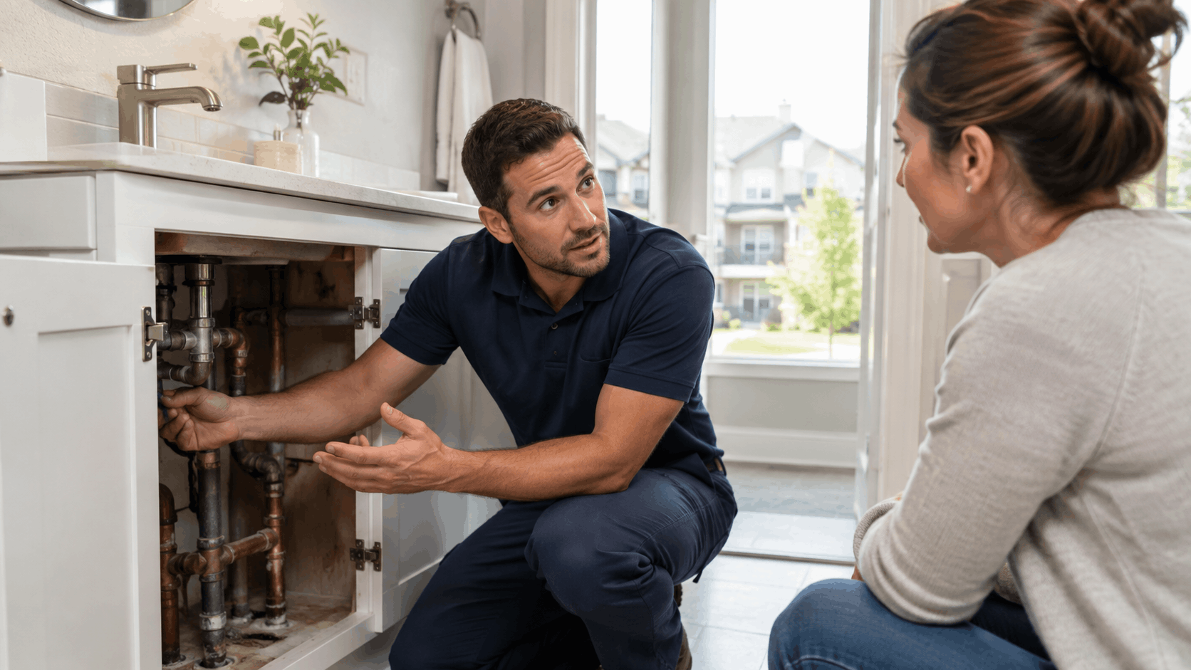 Las Vegas plumber explaining pipe issues under bathroom sink to homeowner