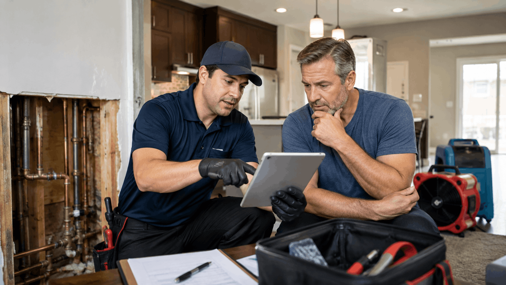 Plumber showing homeowner burst pipe repair estimate on tablet beside damaged wall