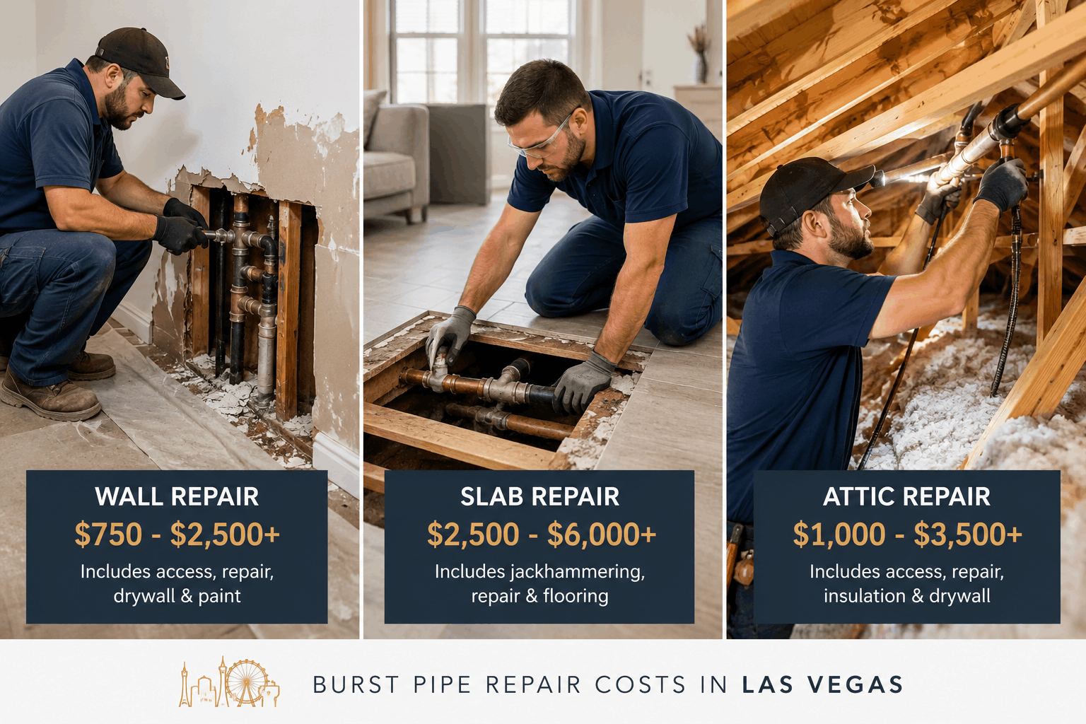 Burst pipe repair costs in Las Vegas for wall, slab, and attic locations