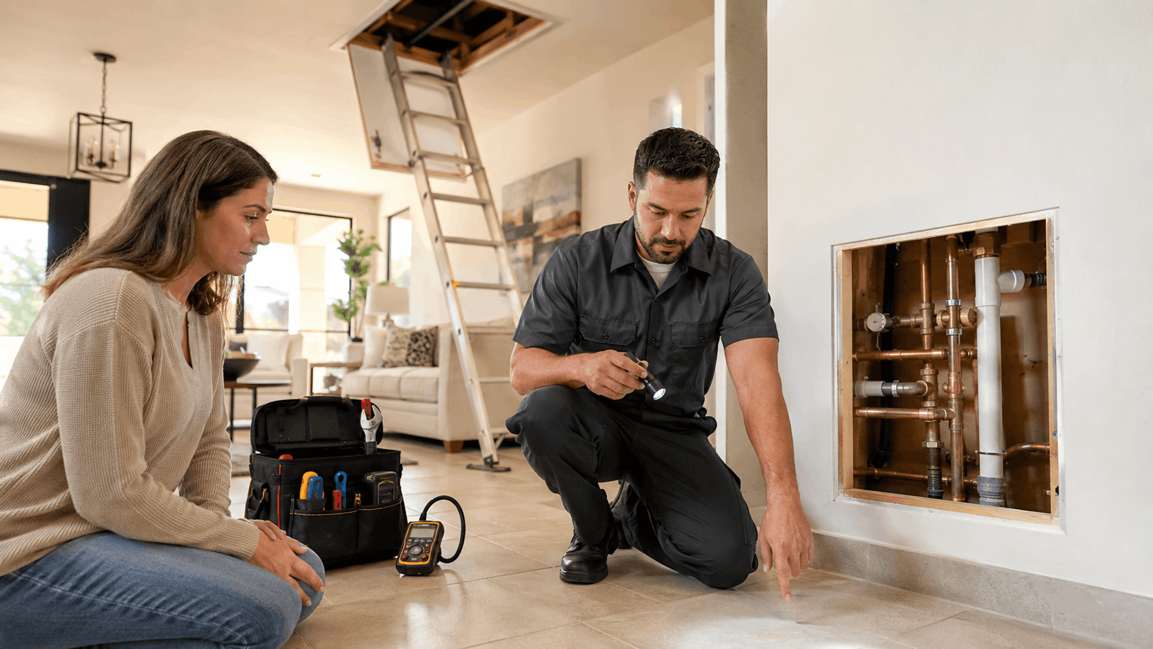 Las Vegas plumber inspecting copper pipes in wall access panel with homeowner