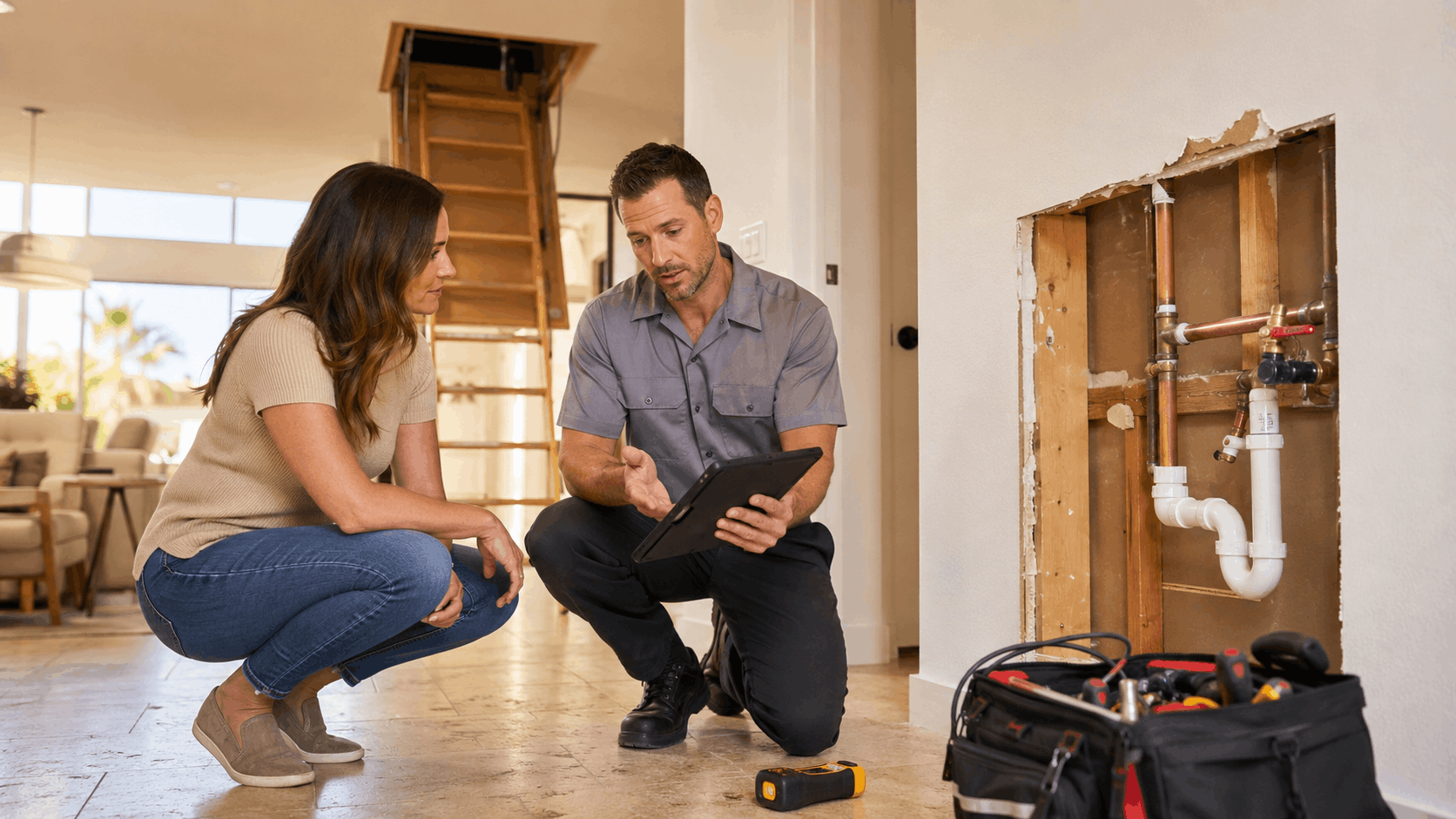 Plumber showing Las Vegas homeowner tablet while inspecting exposed copper pipe repair