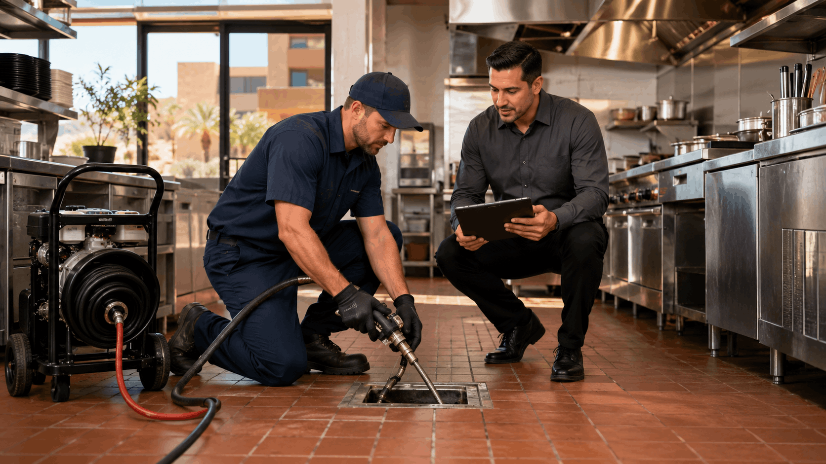 Plumber hydro jetting restaurant floor drain while manager reviews tablet in commercial kitchen