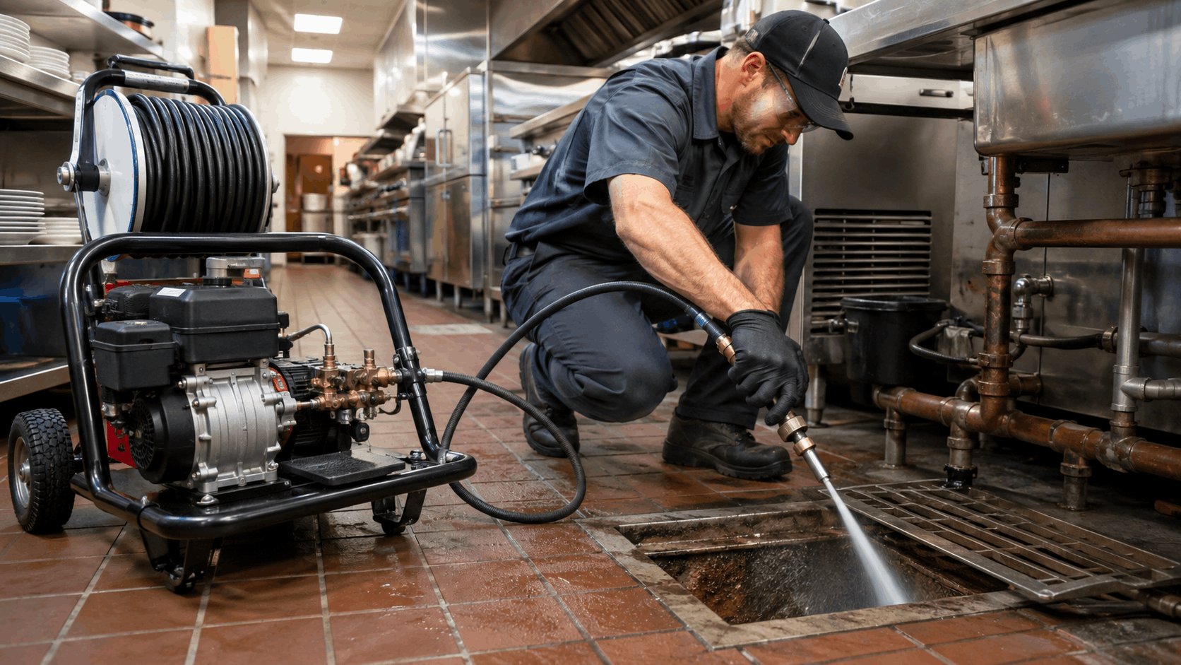 Plumber hydro jetting commercial kitchen grease trap drain in Las Vegas restaurant