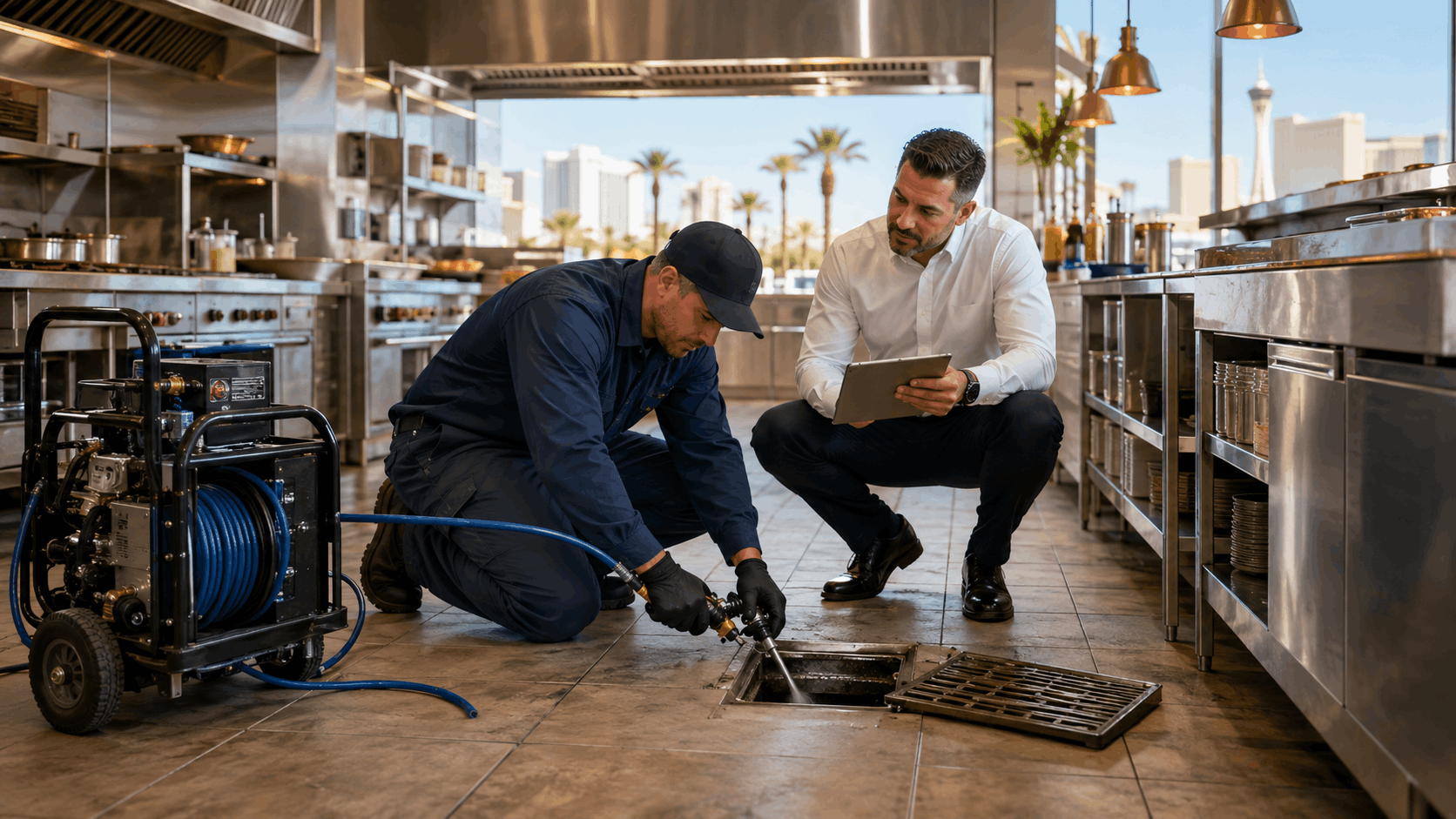 Plumber hydro jetting commercial kitchen floor drain with manager in Las Vegas