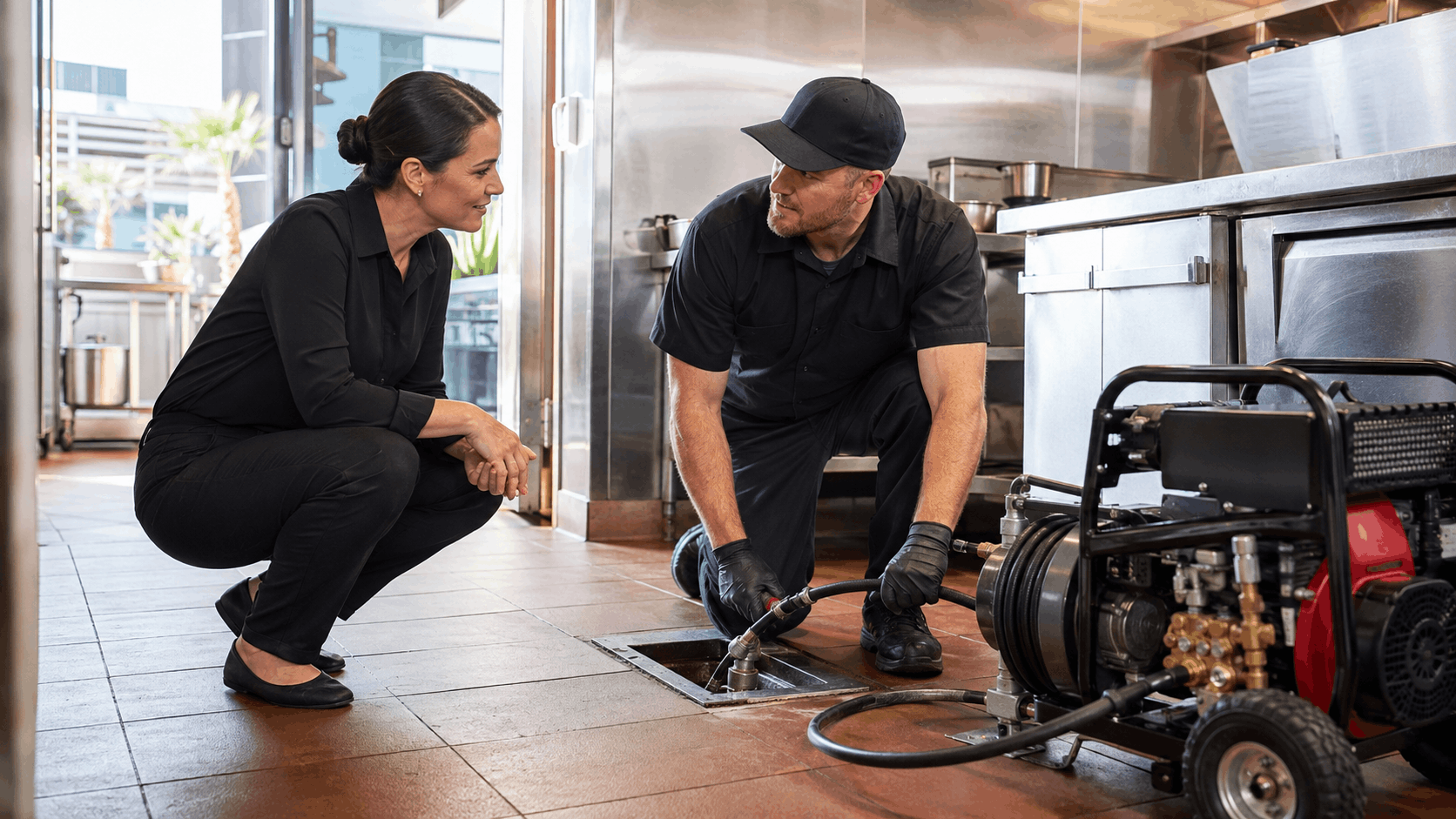 Plumber using drain cleaning machine in Las Vegas restaurant kitchen floor drain