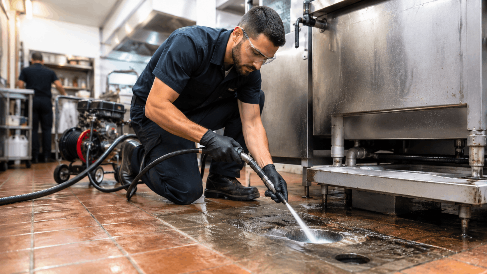 Plumber using high-pressure water jetter to clean commercial kitchen floor drain Las Vegas