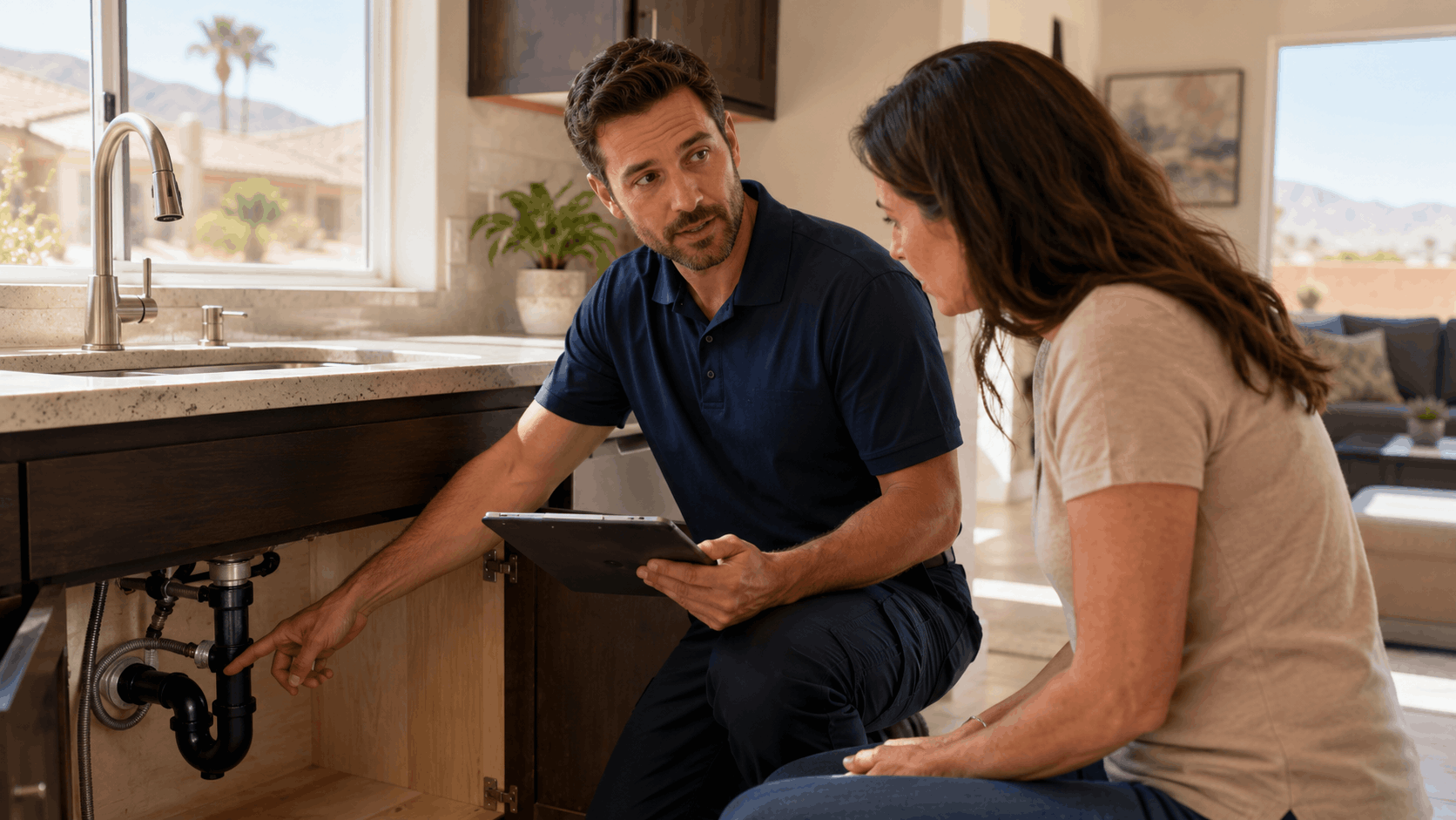 Las Vegas plumber explaining sink pipe issue to homeowner using tablet during service call