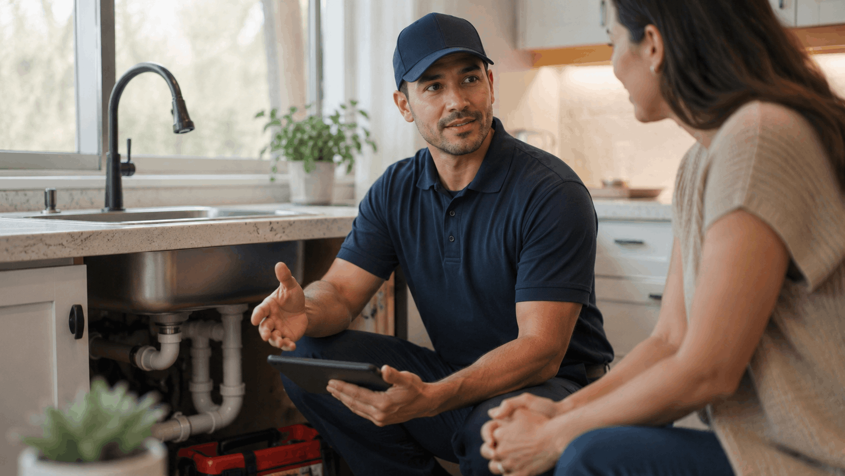 Plumber explaining service call fees to homeowner near kitchen sink with tablet