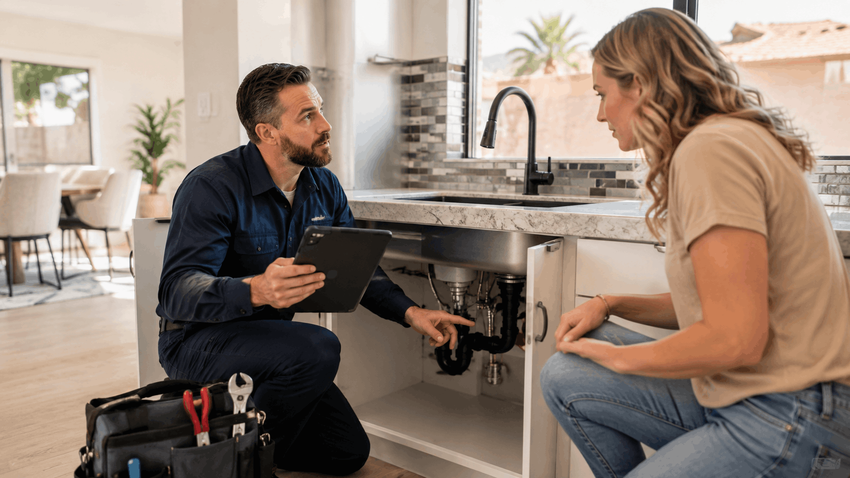 Plumber showing homeowner under-sink plumbing issues during Las Vegas service call