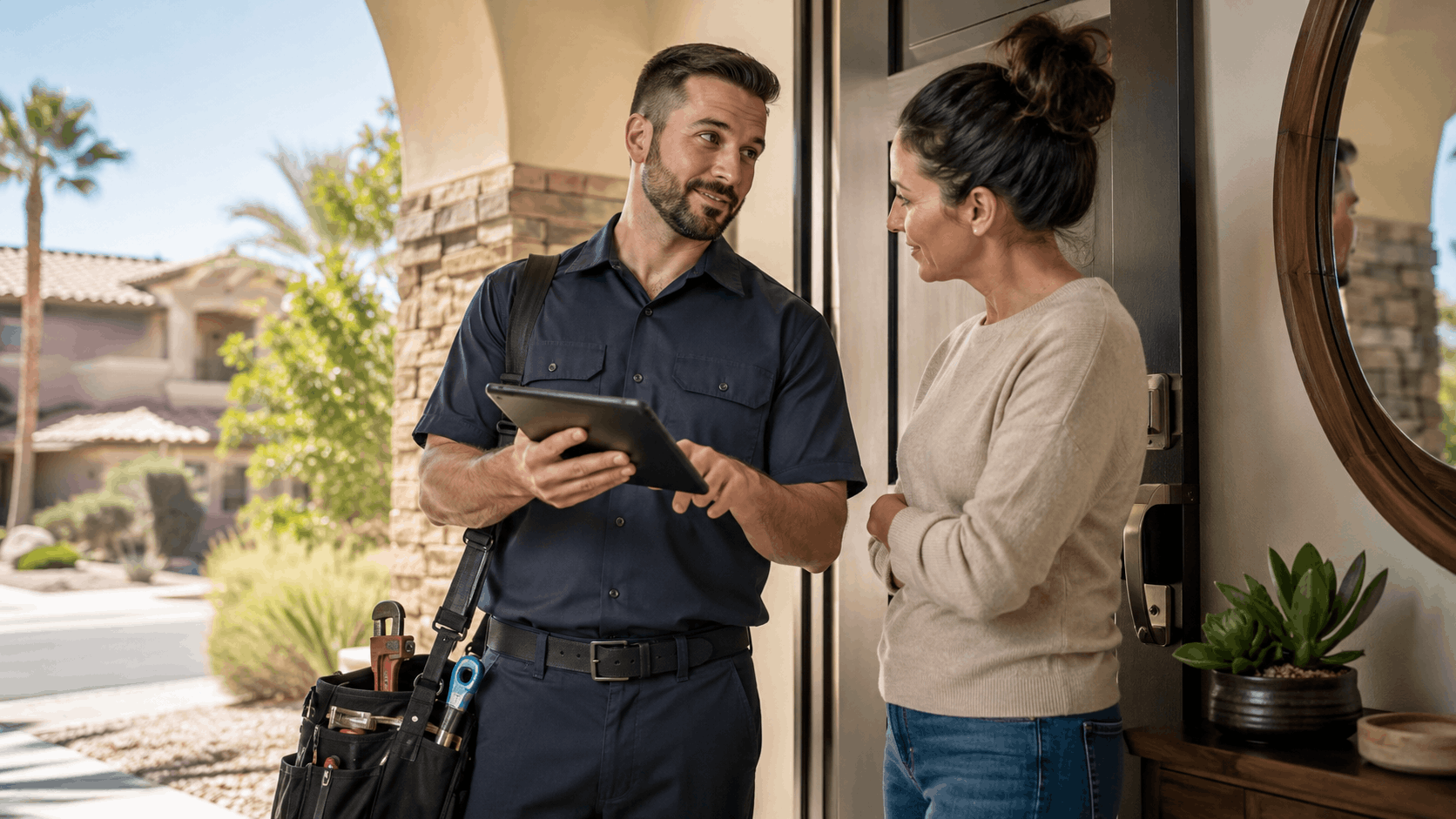 Las Vegas plumber in uniform consulting homeowner at front door with tablet