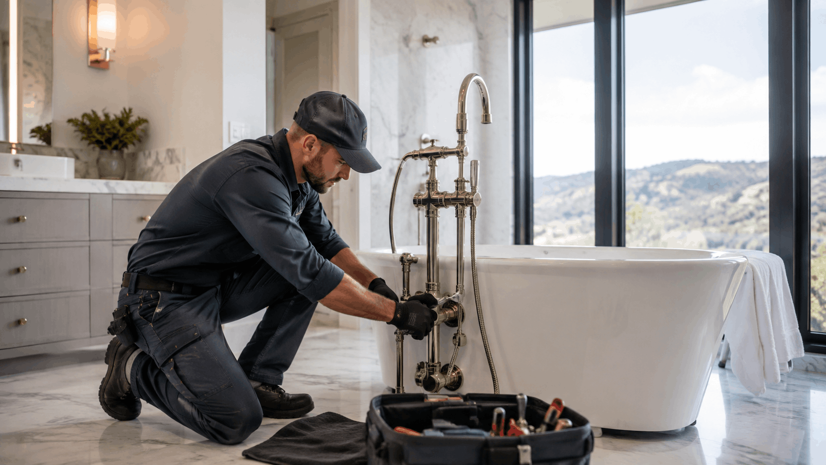 Specialized plumber installing freestanding tub faucet in luxury custom home bathroom