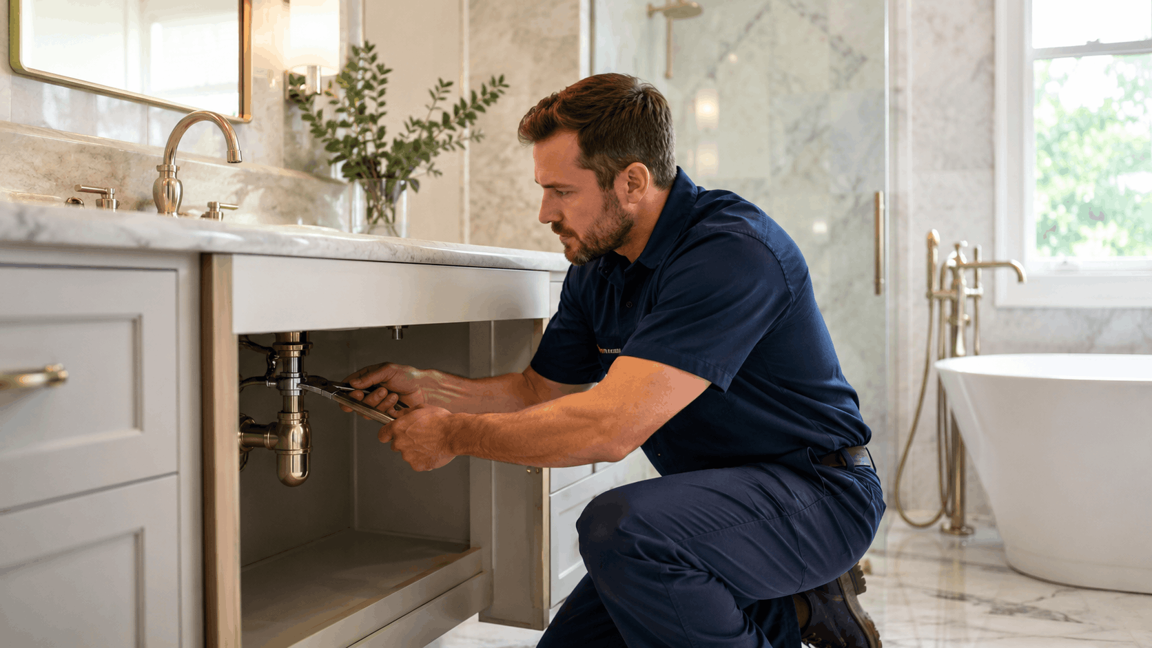 Plumber installing luxury bathroom sink fixtures in elegant Las Vegas marble bathroom
