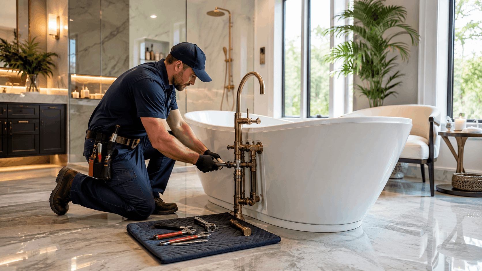 Professional plumber installing gold freestanding bathtub faucet in luxury Las Vegas bathroom