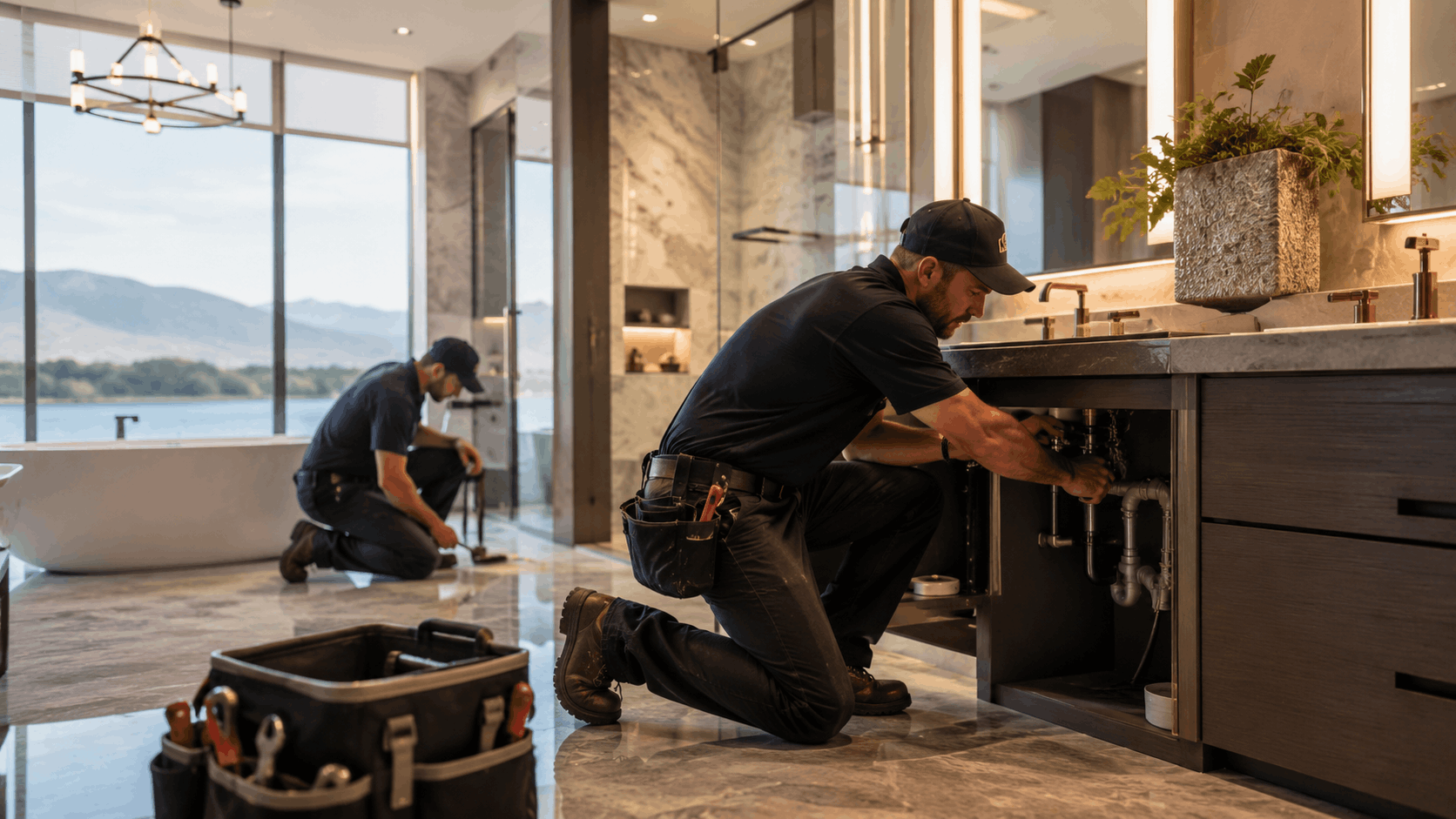 Two plumbers working on sink and bathroom plumbing in luxury Las Vegas home