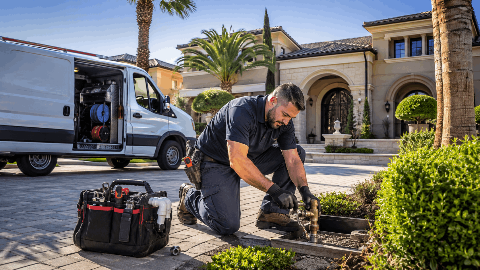 Plumber repairing brass irrigation valve at luxury Las Vegas estate driveway