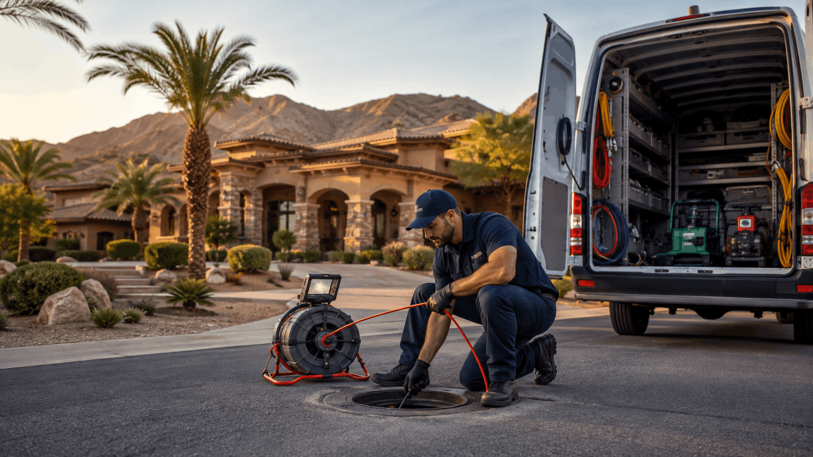Plumber performing sewer camera inspection outside luxury Spanish Hills Las Vegas home