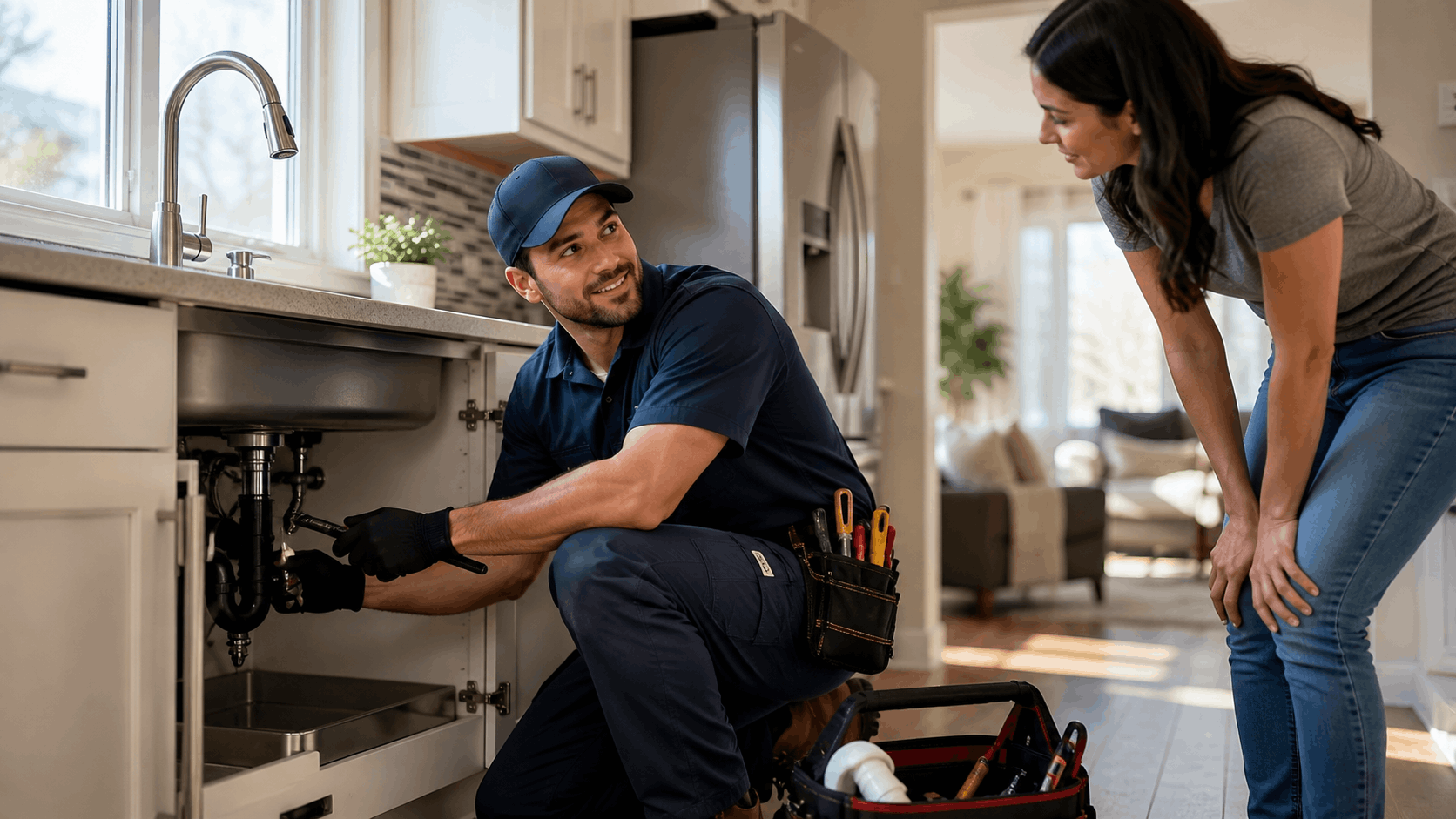 Plumber repairing kitchen sink pipes while homeowner watches in Las Vegas home