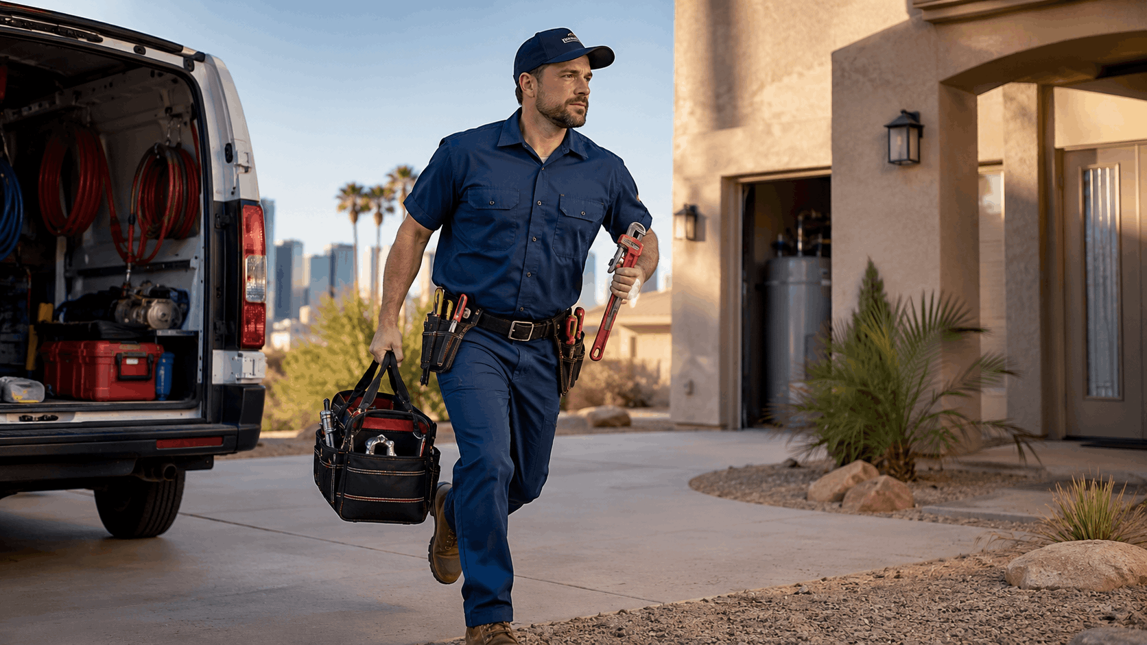 Las Vegas plumber rushing to home with pipe wrench and tool bag