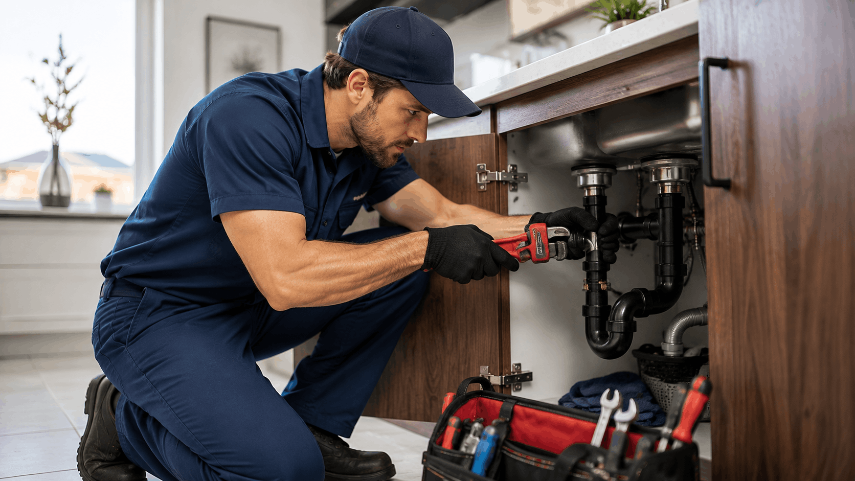 Professional plumber in blue uniform repairing under-sink pipes with wrench in Las Vegas home