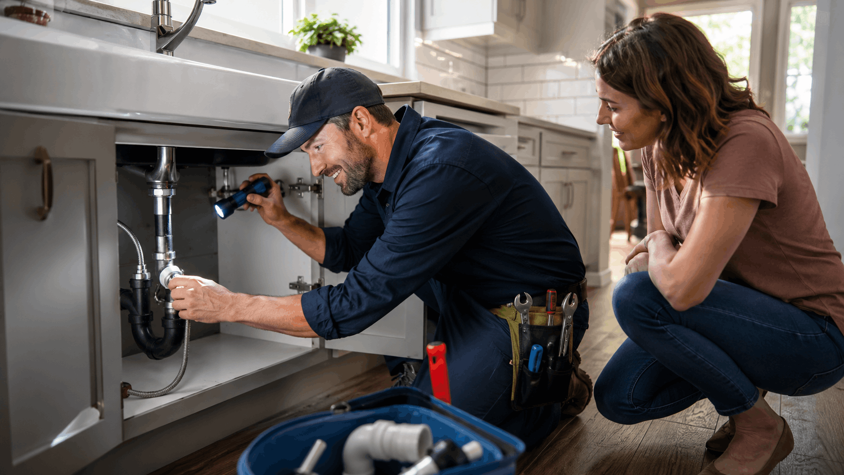 Smiling Las Vegas plumber inspecting under kitchen sink with flashlight beside homeowner