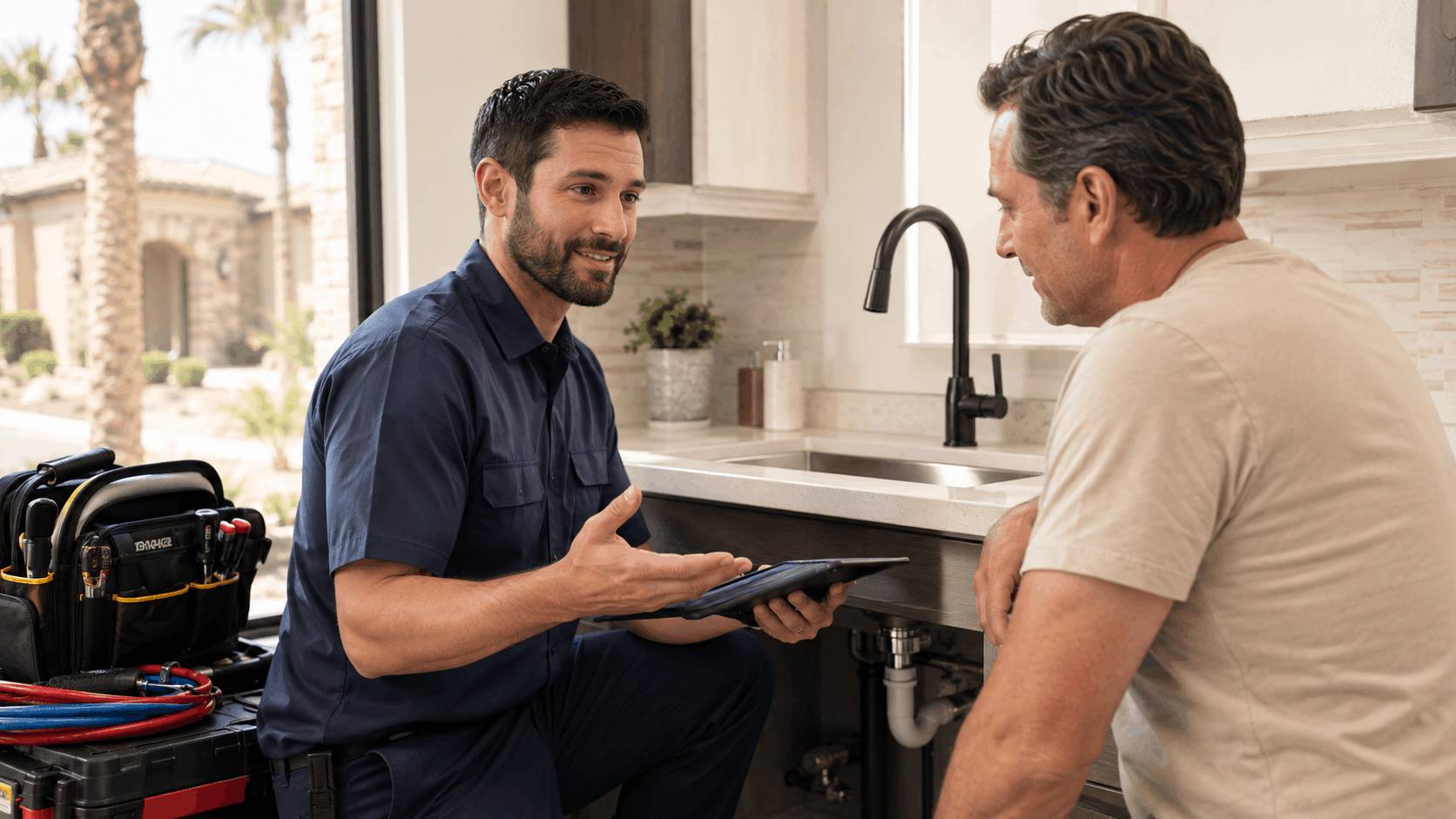 Plumber showing tablet quote to homeowner near kitchen sink with tools nearby