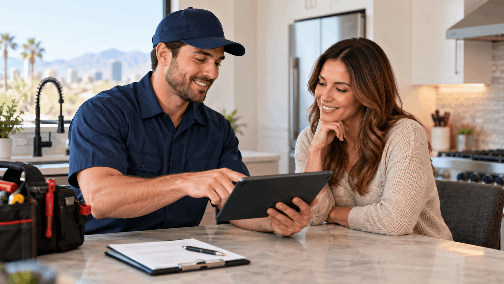Las Vegas plumber showing homeowner multiple quotes on tablet in modern kitchen