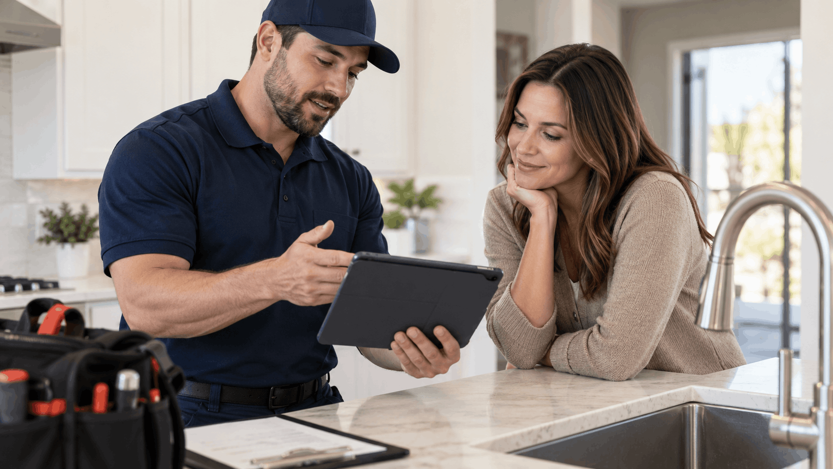 Active Plumbing technician showing Las Vegas homeowner a quote on tablet in kitchen