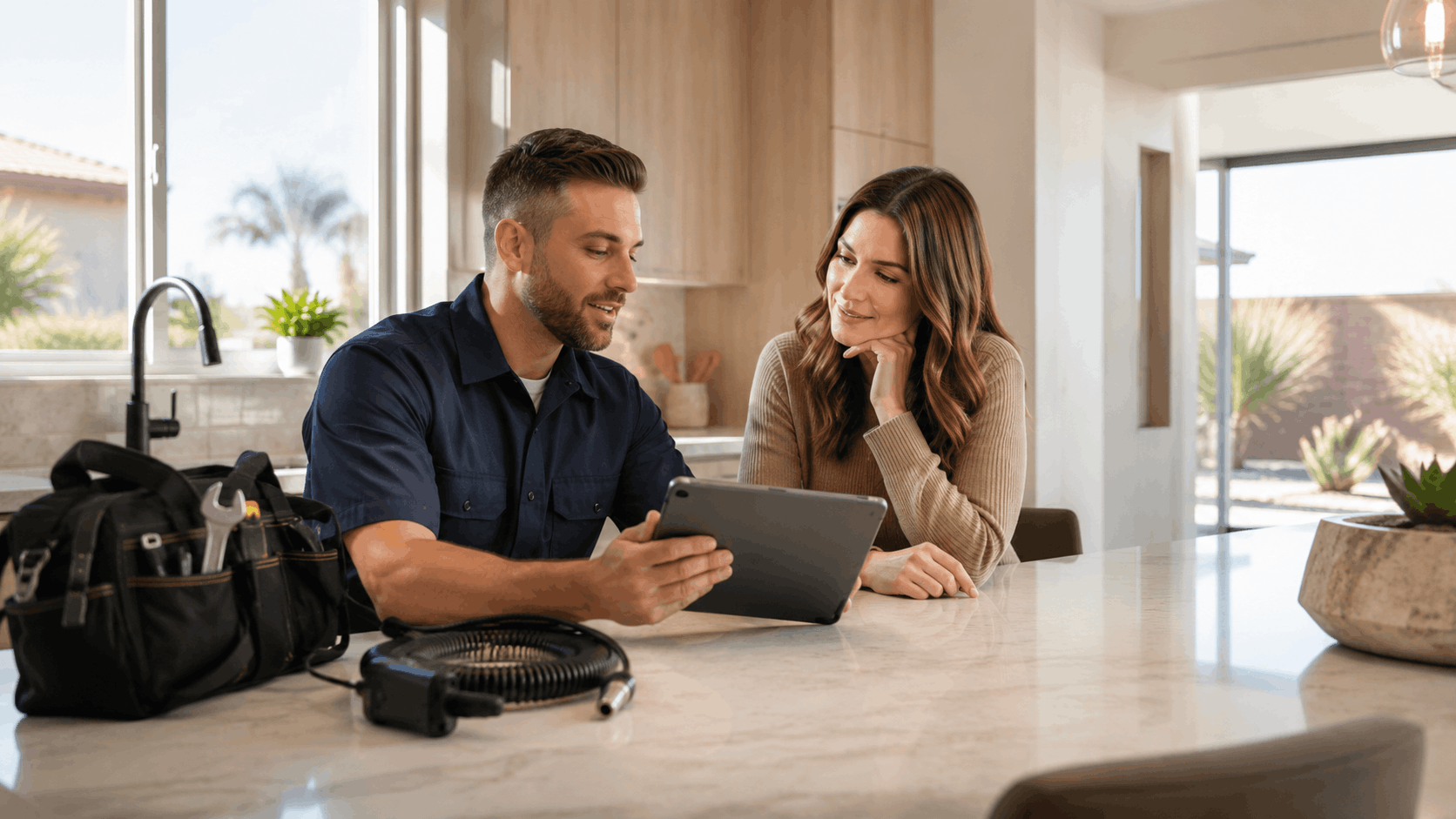 Las Vegas plumber reviewing tablet with homeowner at kitchen counter with tools