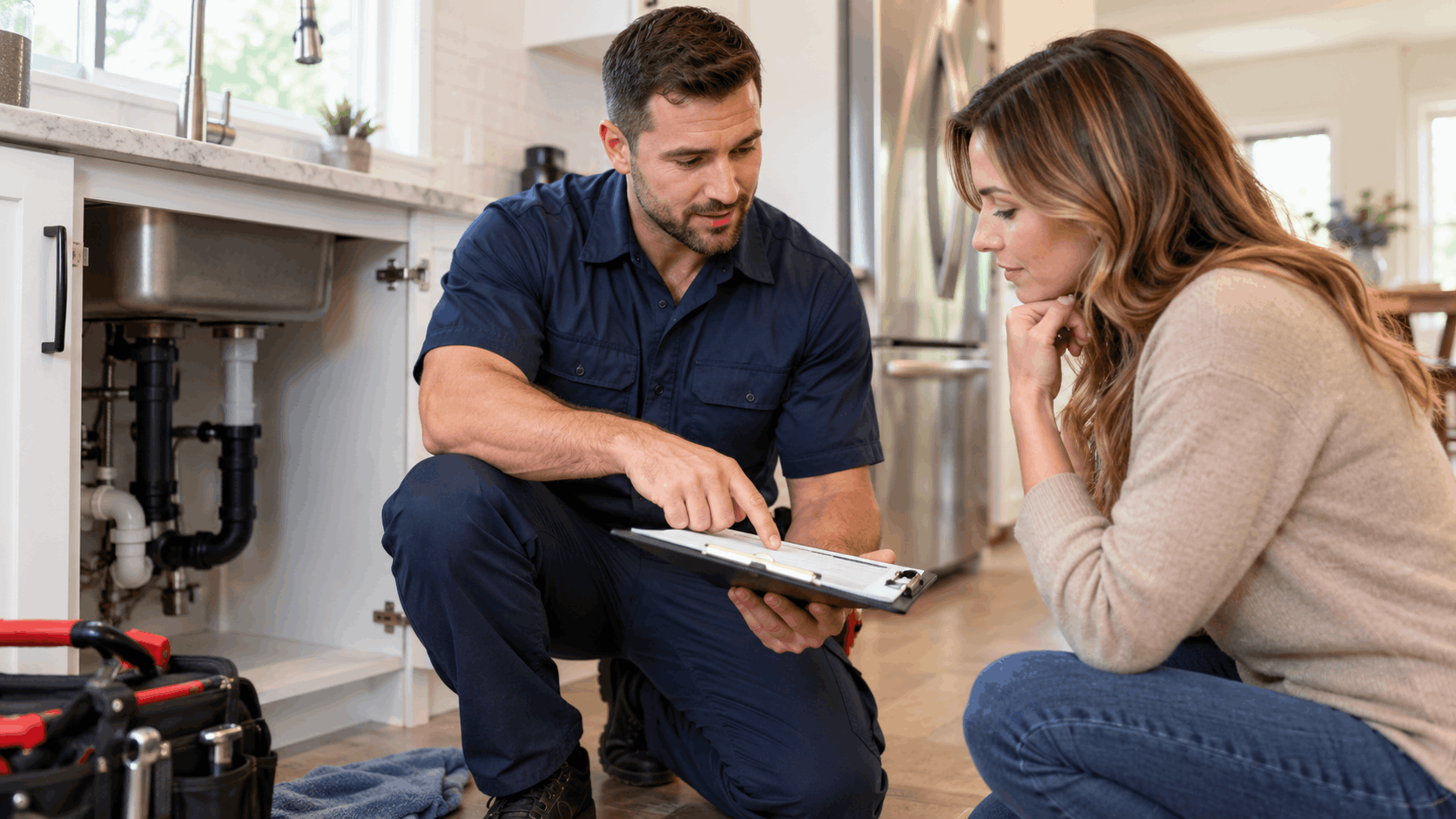 Licensed plumber showing insurance-approved estimate on clipboard to Las Vegas homeowner near kitchen sink