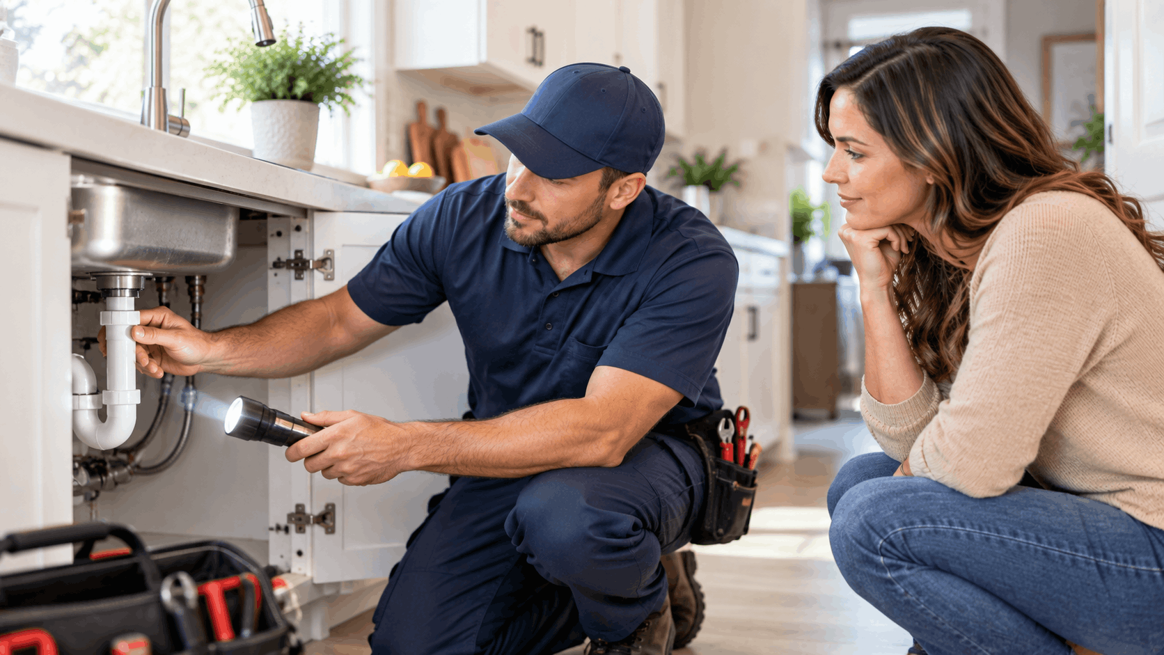 Licensed plumber inspecting kitchen sink pipes with flashlight beside homeowner